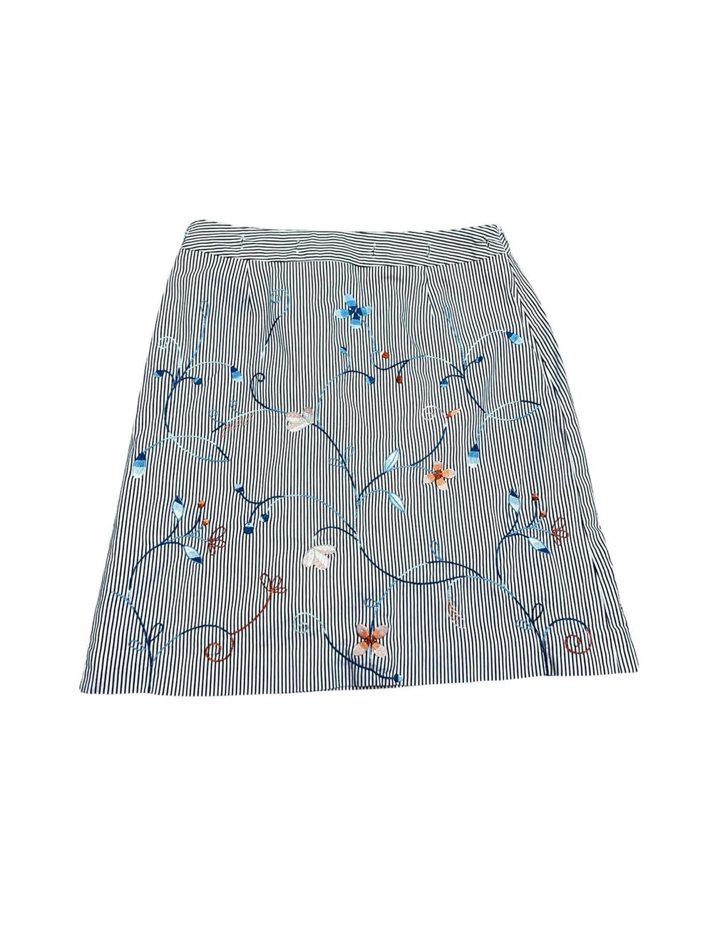 Talbots Petites Floral Embroidered Skirt Womens 6 Blue Stripe Preppy Midi